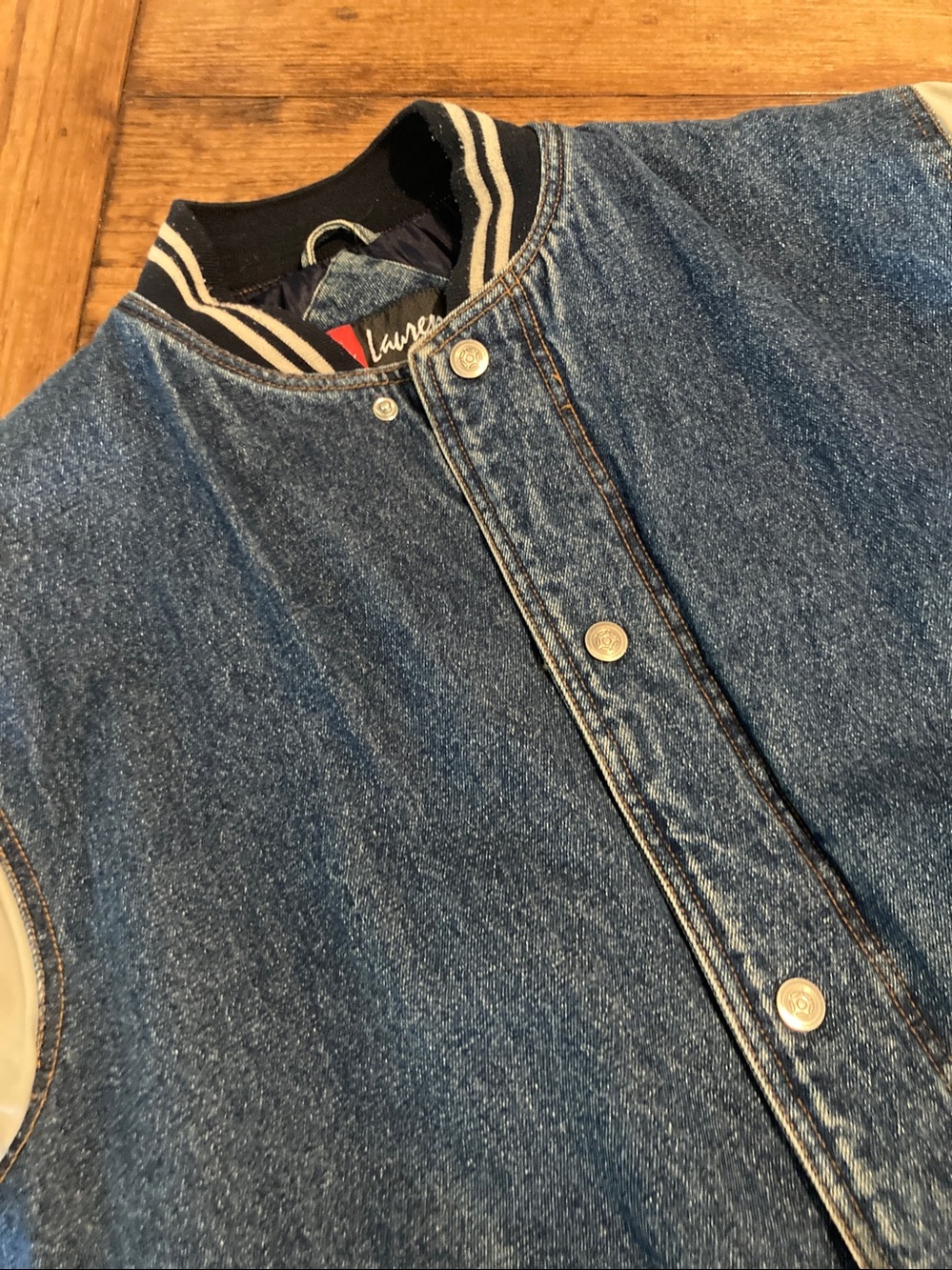 Vintage Blue Denim Bomber Jacket with Tan Sleeves - Picture 12 of 14
